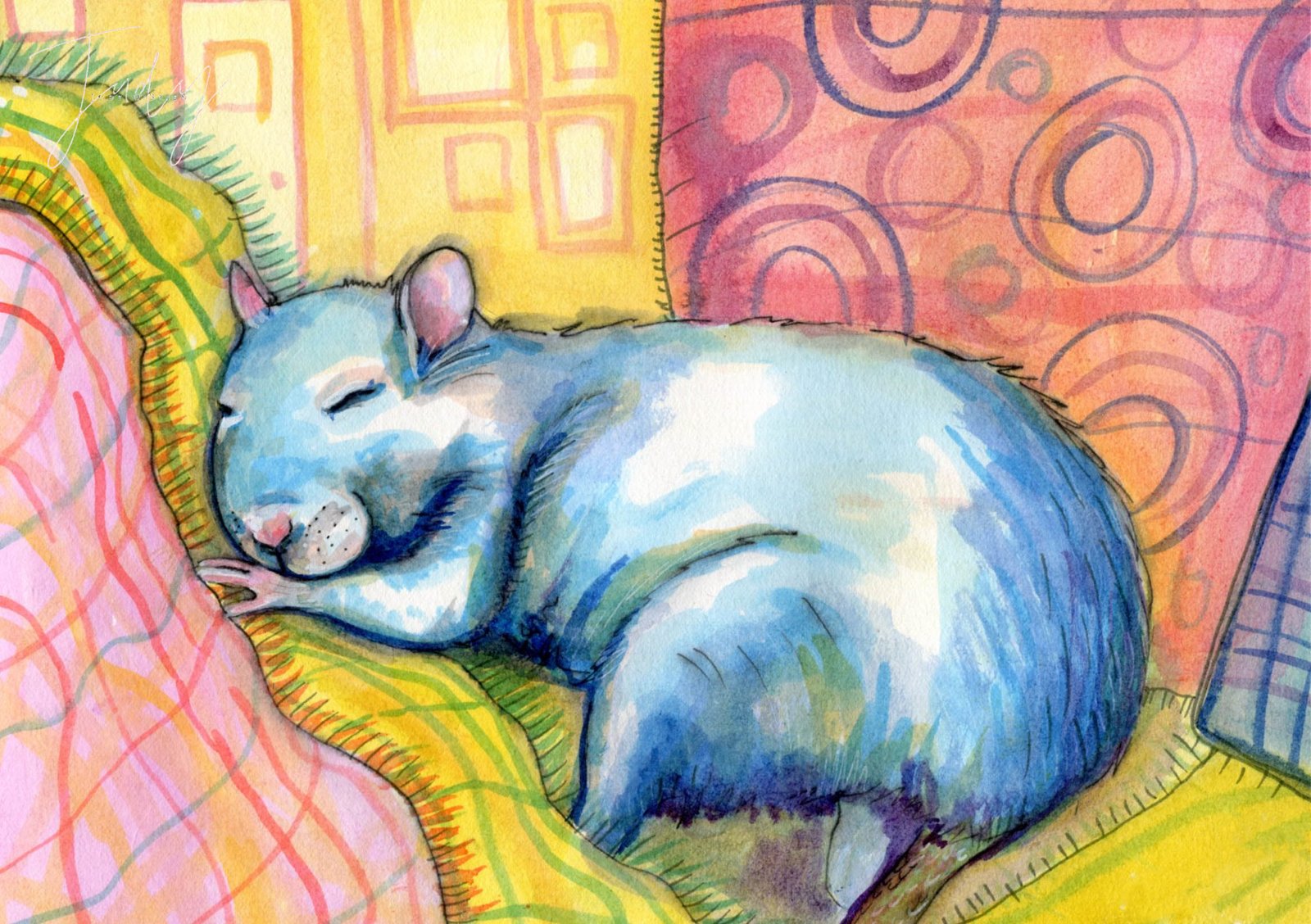 Colourful blue rat artwork by Judy