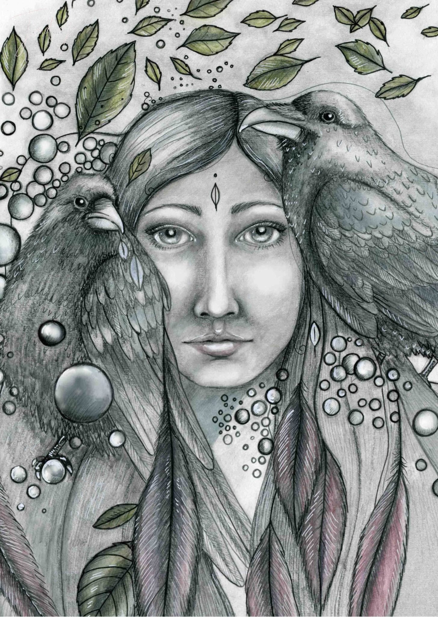 A detailed drawing by Judy of a woman surrounded by ravens, leaves and natural forms